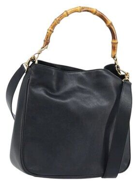 GUCCI Bamboo Shoulder Bag Leather 2way Black Gold 001 0166 1638 Auth BA11278